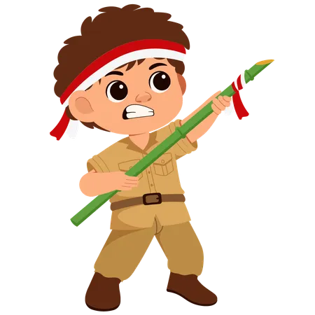 Boy Indonesian Soldier Holding Spear  Illustration