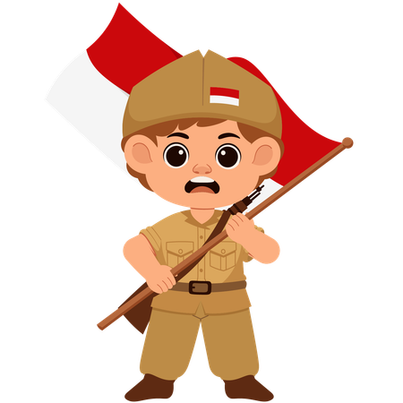 Boy Indonesian Soldier With Indonesian Flag  Illustration