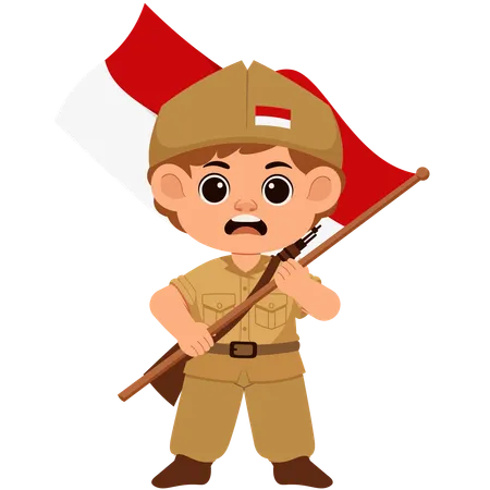 Boy Indonesian Soldier With Indonesian Flag  Illustration