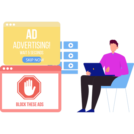 Boy installing ad blocker on laptop  Illustration