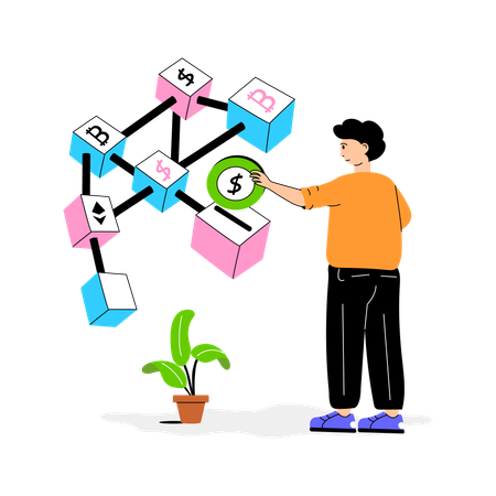 Boy investing in cryptocurrency network  Illustration