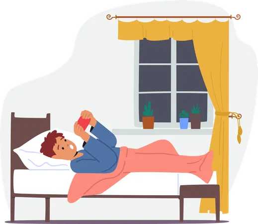 In The Night Child Engrossed In A Smartphone Lies In Bed Little Boy Character With Focused Face Looking On Device Screen Screen Creating A Modern Bedtime Scene Cartoon People Vector Illustration イラスト