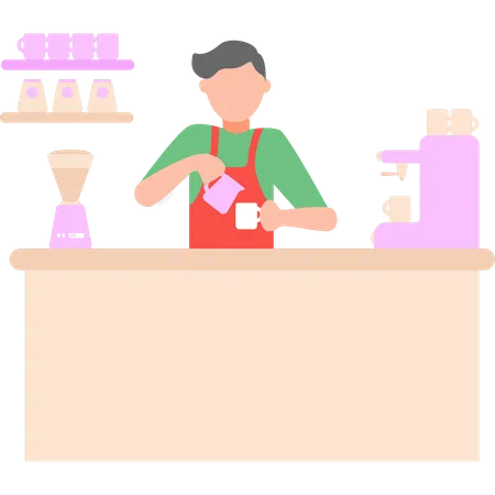 Boy is adding milk in coffee  Illustration