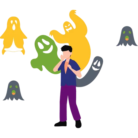 Boy is afraid of ghosts  Illustration