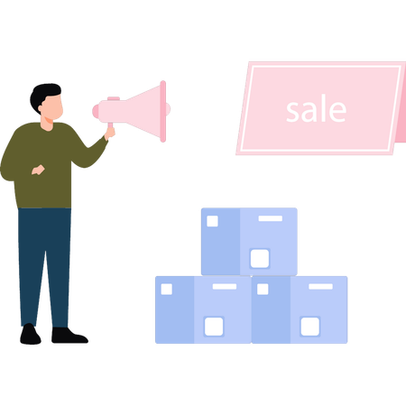 Boy is announcing a sale on packages  Illustration