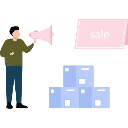 A Boy Is Announcing A Sale On Packages Illustration