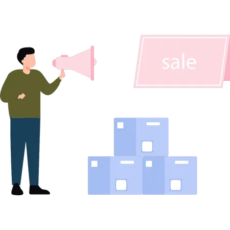 Boy is announcing a sale on packages  Illustration