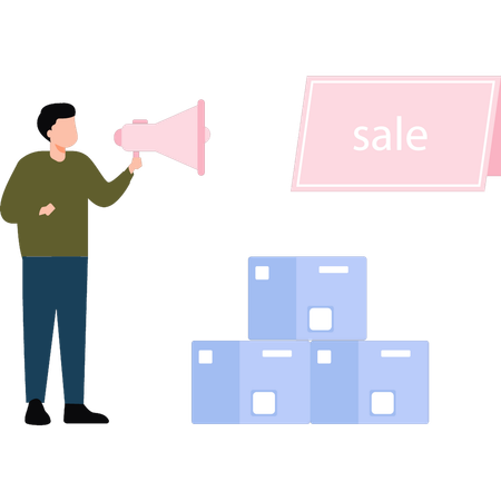 Boy is announcing a sale on packages  Illustration