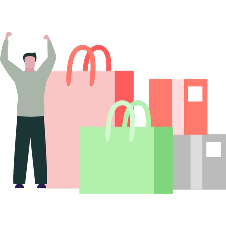 Boy is being happy after shopping  Illustration