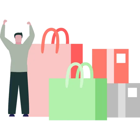 Boy is being happy after shopping  Illustration
