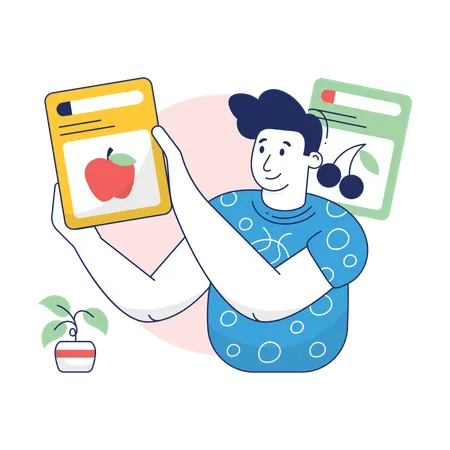 Boy is buying vegetables from grocery app  Illustration