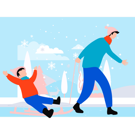 Boy is carrying a child on a sleigh  Illustration