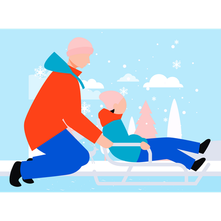 Boy is carrying a child on a sleigh  Illustration