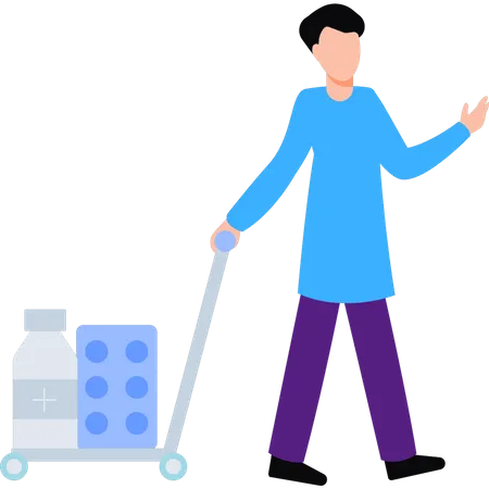 The Boy Is Carrying A Medicine Trolley Illustration