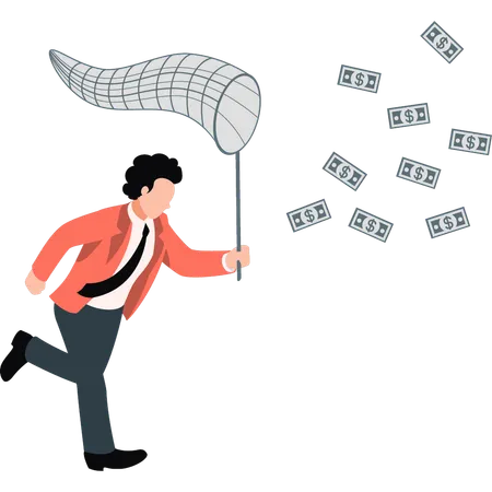 A Boy Is Catching A Dollar Bills From A Net Illustration