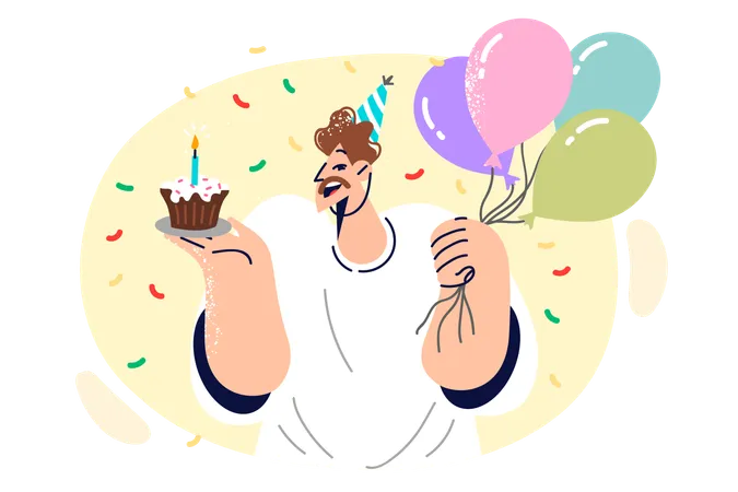 Man Celebrating Birthday Holds Piece Of Cake And Balloons Rejoicing At Onset Of Long Awaited Anniversary Happy Guy With Smile Invites Friends To Birthday And Rejoices At Attention Or Wishes Illustration