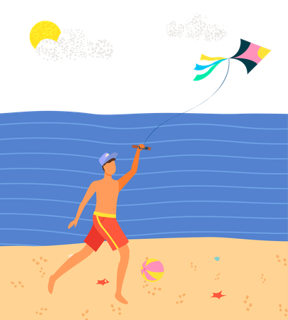 Boy is celebrating kite festival at beach  Illustration