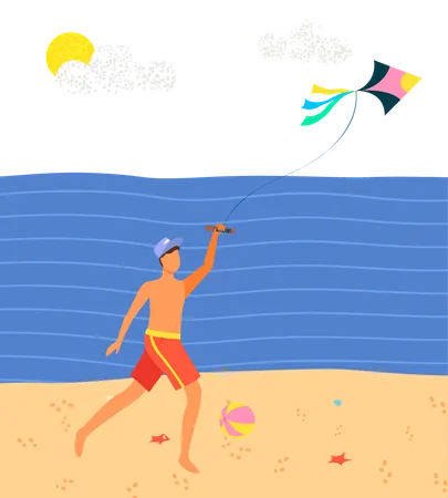 Boy is celebrating kite festival at beach  Illustration