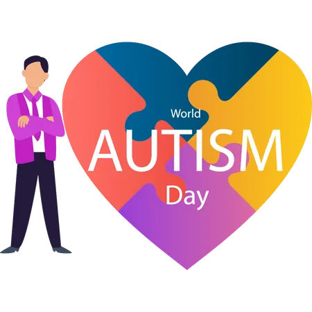 Boy Standing With Heart Shape Puzzle World Autism Day Illustration