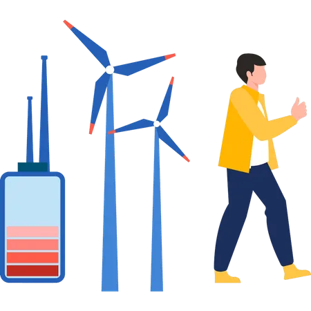 Boy is charging battery with a windmill  Illustration