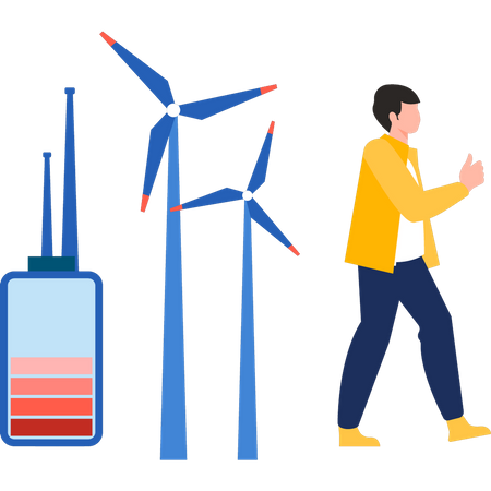 Boy is charging battery with a windmill  Illustration