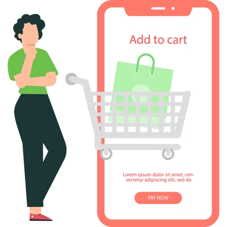 Boy is checking add to cart option on mobile  Illustration