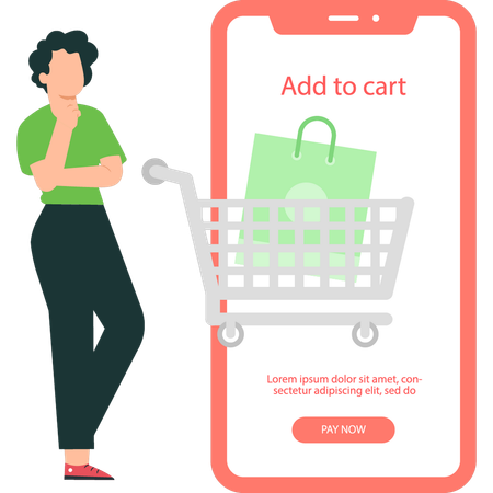 Boy is checking add to cart option on mobile  Illustration