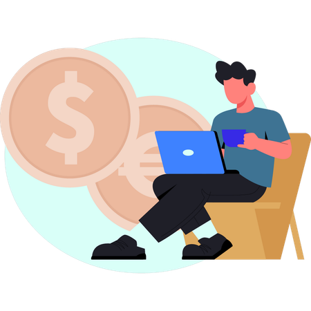 Boy is checking coin on laptop  Illustration