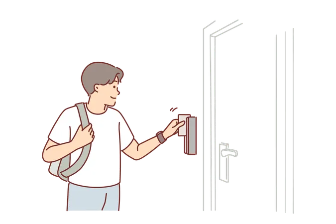 Man Uses Key Card To Open Door To Hotel Room Or Hostel During Tourist Trip Or Business Trip Guy With Key Card Opens Electronic Lock Gaining Access To Back Office For Company Employees Illustration