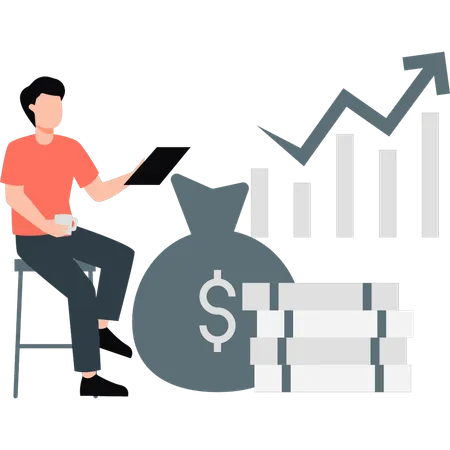 Boy is  checking income growth arrow  Illustration