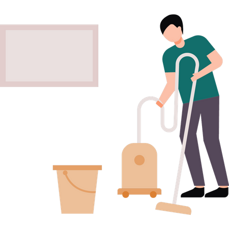 Boy is cleaning the floor with a vacuum cleaner  Illustration