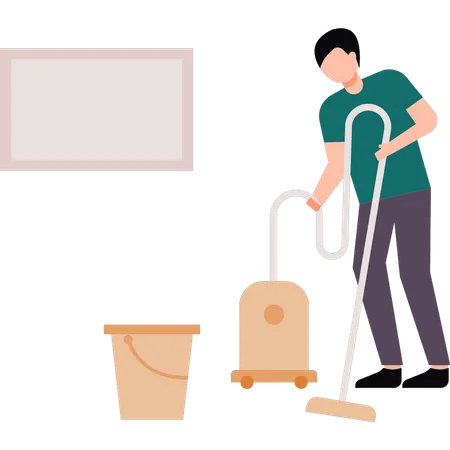 Boy is cleaning the floor with a vacuum cleaner  Illustration