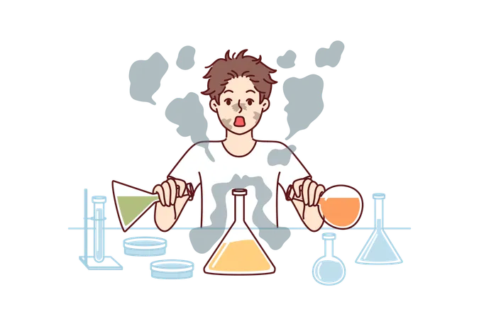 Boy Conducts Laboratory Experiments Mixing Reagents From Test Tubes And Gets Scared Having Heard Explosion Funny Schoolboy In Laboratory Wants To Become Chemist And Conduct Scientific Experiments Illustration