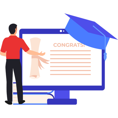Boy is congratulating online for certificate  イラスト