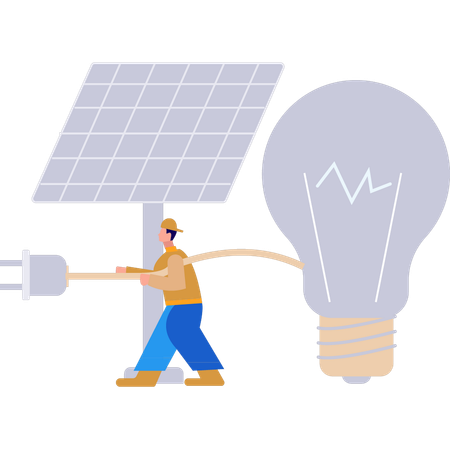 Boy is connecting bulb to solar panel  Illustration