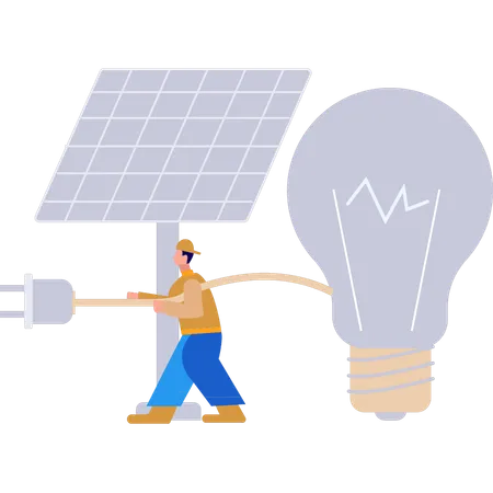 Boy is connecting bulb to solar panel  Illustration