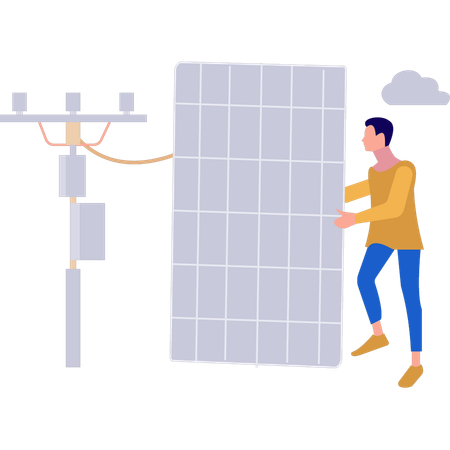 Boy is connecting solar panel plate near an electricity tower.  Illustration