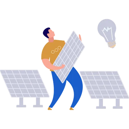 Boy is connecting solar panel plate to bulb  Illustration