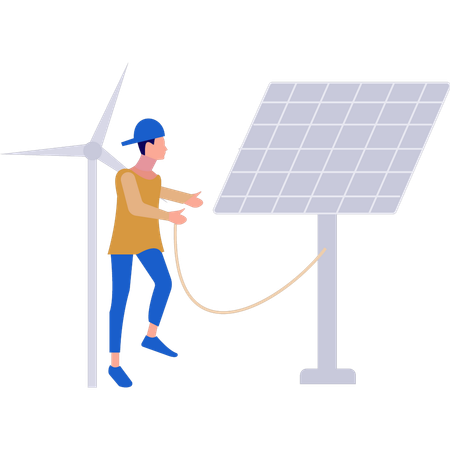 Boy is connecting solar panel to windmill  Illustration