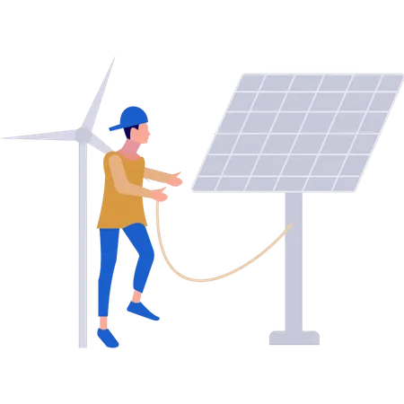 Boy is connecting solar panel to windmill  Illustration