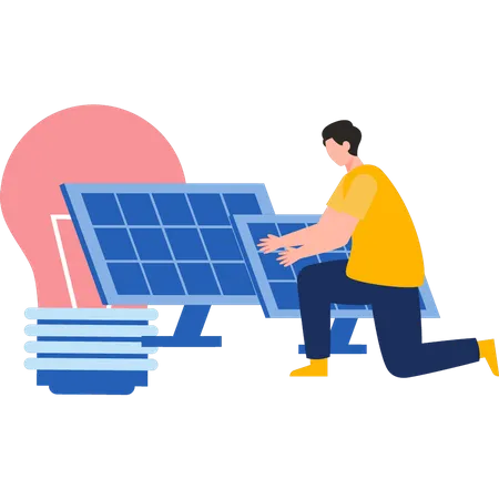 Boy is connecting the light to the solar panel  Illustration