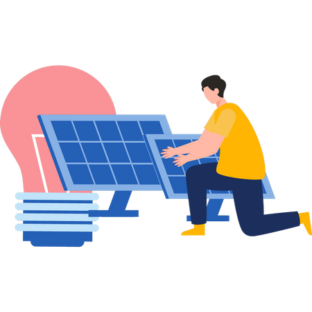 Boy is connecting the light to the solar panel  Illustration