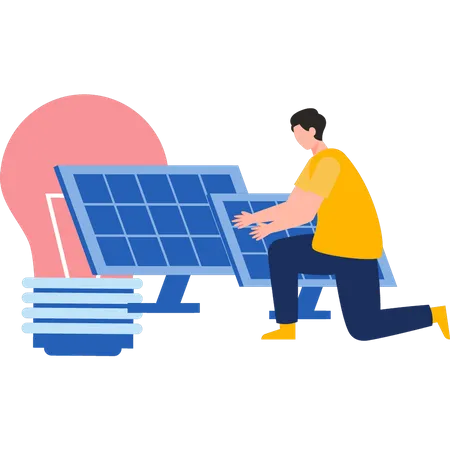 The Boy Is Connecting The Light To The Solar Panel Illustration