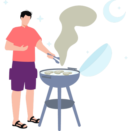 Boy is cooking beef on grill  Illustration
