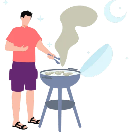 The Boy Is Cooking Beef On The Grill Illustration