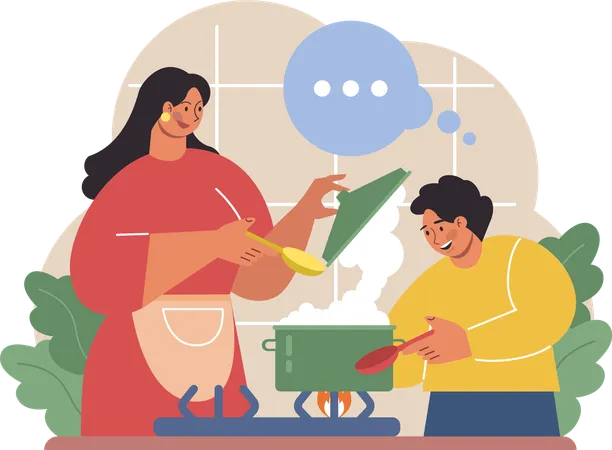 Boy is cooking food with his mother  Illustration