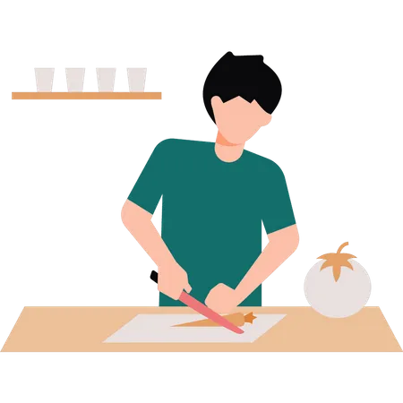 The Boy Is Cutting Vegetables Illustration