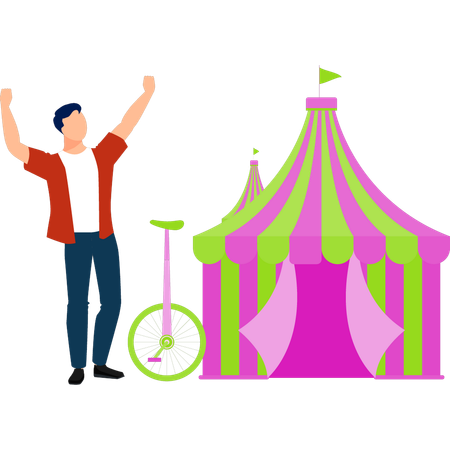 Boy is dancing outside the circus tent  Illustration