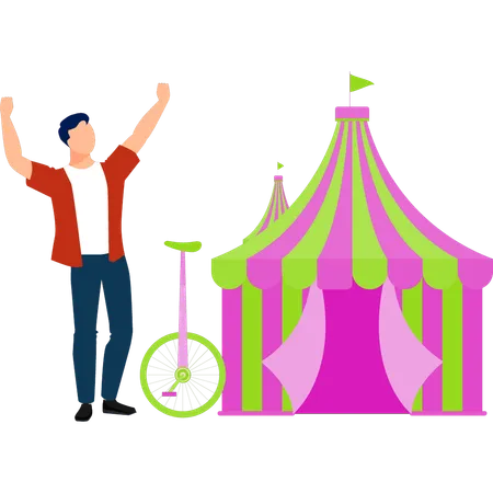 Boy is dancing outside the circus tent  Illustration