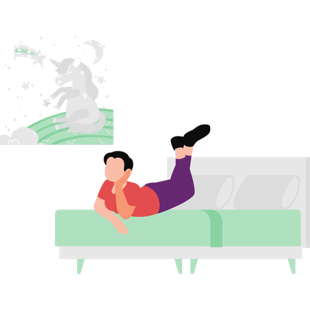 Boy is daydreaming while lying on bed  Illustration